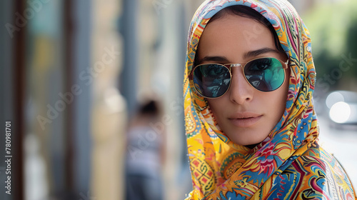 Stylish Eastern European Muslim woman with headscarf and sunglasses