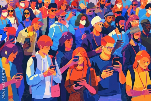 Crowd of people absorbed in their smartphones, digital society concept, illustration