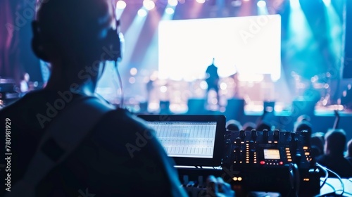 Blur image of sound engineer backstage crew team working to setting and preparing production for show events or music concert .