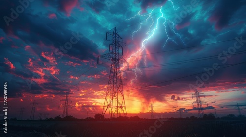 Electrical Pylons and large power transmission lines. An electrifying moment captured as lightning strikes a remote electricity pylon photo