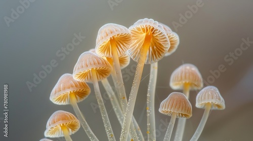 Captivating closeup of sporebearing basidia showing the intricatelyshaped structures protruding from their long thin stalks. photo