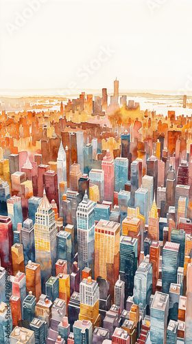 Watercolor painting of New York City Skyline, classic colorful painting, loose and on watercolor paper. Sunrise or Sunset. Highrise pollution. Simple Manhattan artwork. Uptown Downtown Harbour.