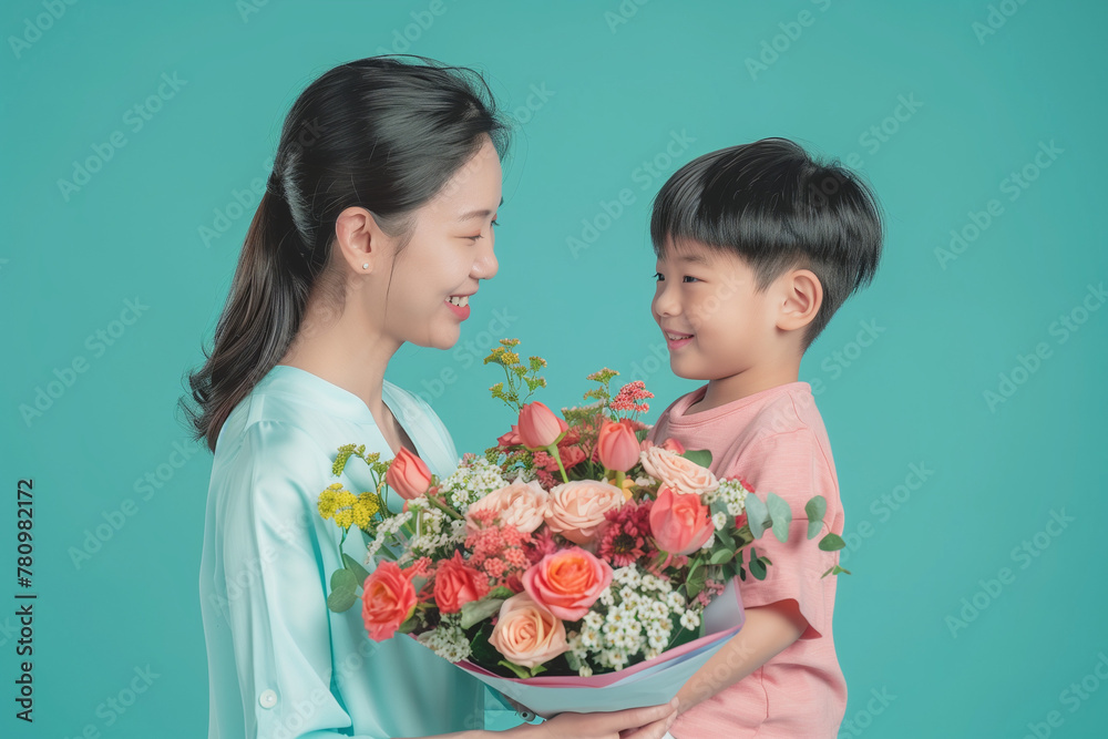 Happy Mother's Day Celebration with Asian Mother and Child and Flowers Happy Mother's Day Celebration with Asian Mother and Child and Flowers