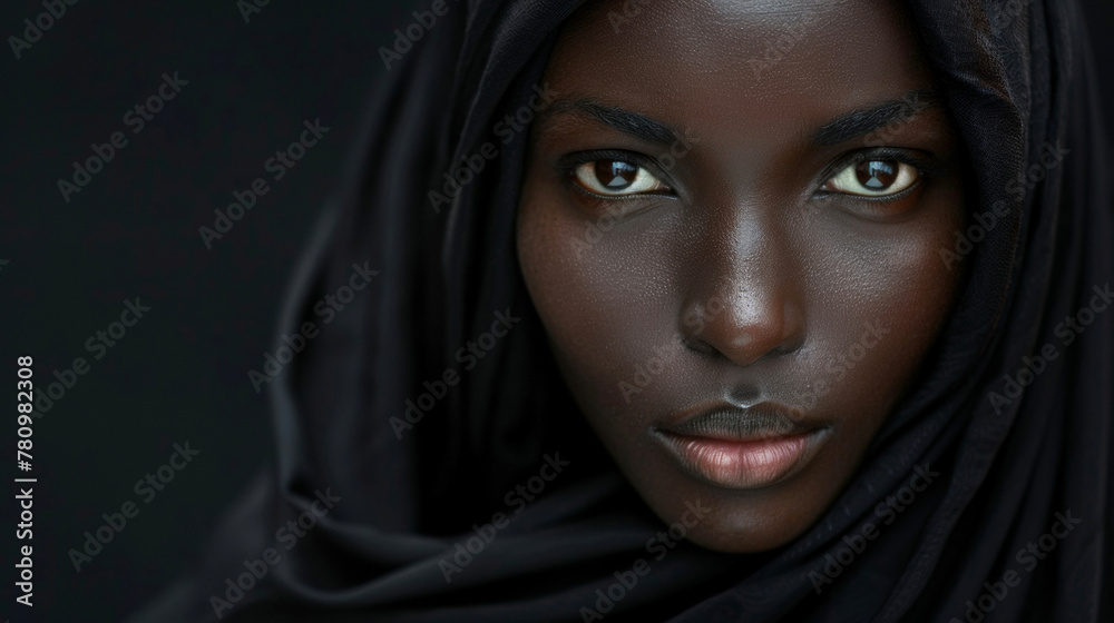 The striking contrast of the black hijab against the rich mahogany skin of this black woman creates a striking and timeless image. Her poised demeanor and serene expression convey . The striking contrast of the black hijab against the rich mahogany skin of this black woman creates a striking and timeless image. Her poised demeanor and serene expression convey .