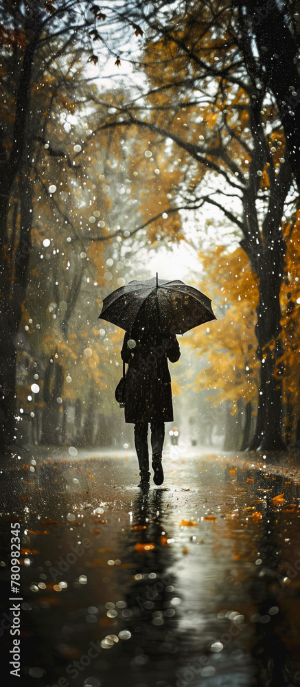 Obraz premium Back view of person walking in the rain with an umbrella on a rainy day. Vertical photography