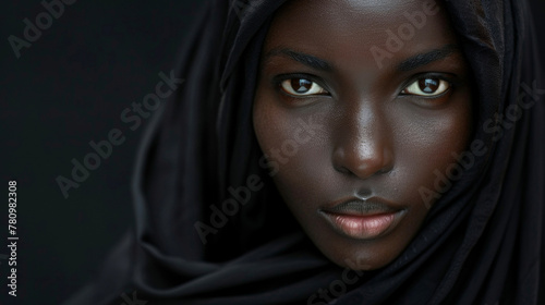 The striking contrast of the black hijab against the rich mahogany skin of this black woman creates a striking and timeless image. Her poised demeanor and serene expression convey .