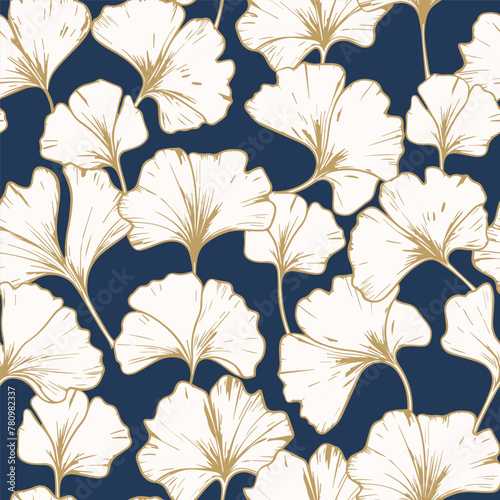 Seamless Repeat Ginko Pattern Gold Navy Leaves Asian Exotic Herbs Mushroom Oyster