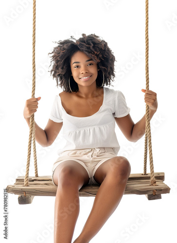 Gorgeous Afro American young lady sitting and posing in wooden swing over white transparent background