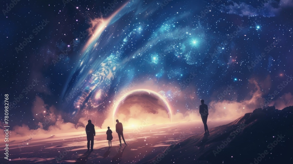 Visuals depicting astronomers and astrophysicists studying the cosmos, analyzing astronomical data, and conducting research on topics such as cosmology, planetary science, and astrobiology