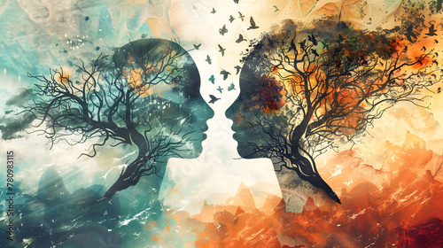 Obraz na płótnie Dreamlike Illustration of Two Faces on a Tree Landscape