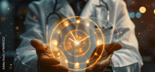 A glowing, holographic clock is cradled in the hands of a person in a white lab coat, suggesting a medical professional or a high-tech healthcare concept.