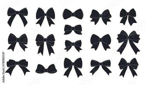 Black bowknot collection. isolated silhouettes of gift bows on a white background. These festive vector illustrations can be used for decoration, celebrations, weddings, and party designs.