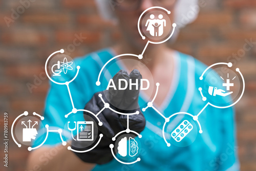 Doctor using virtual touch screen presses abbreviation: ADHD. Attention Deficit Hyperactivity Disorder ( ADHD ) medical cocnept. ADHD syndrome, mental health, psychology. photo