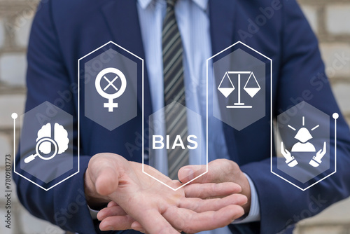 Man using virtual screen sees word: BIAS. Bias model or implicit bias drives our explicit behavior, perspective and decisions with mindfulness, consciousness, preconscious, feeling, unconscious bias.