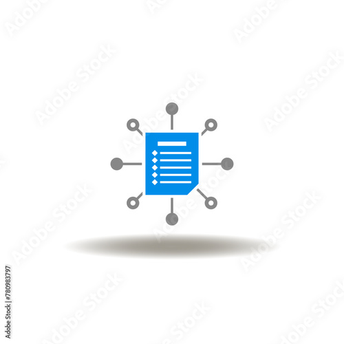 Vector illustration of document list and network or flowchart structure. Icon of document management. Symbol of electronic networking web database.