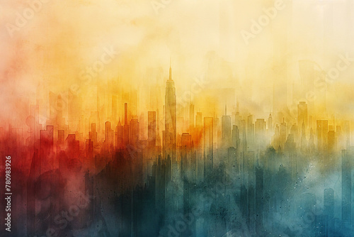 Watercolour city painting, golden sunset golden hour scene, New York City. Expressive and loose watercolor painting, in a abstract and atmospheric style. #780983926