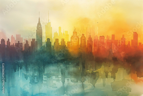 Watercolour city painting, golden sunset golden hour scene, New York City. Expressive and loose watercolor painting, in a abstract and atmospheric style. #780983973