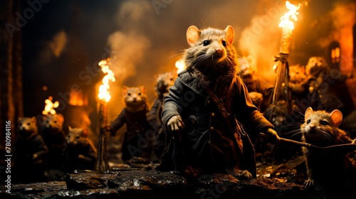 Group of rats in a dark street with torches and fire