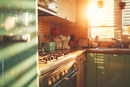 Warm sunlight streams into a vintage styled kitchen with green cabinets and terracotta tiles, creating a homely and inviting atmosphere