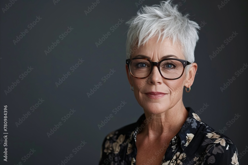 Portrait of a beautiful senior woman with eyeglasses against grey background Portrait of a beautiful senior woman with eyeglasses against grey background