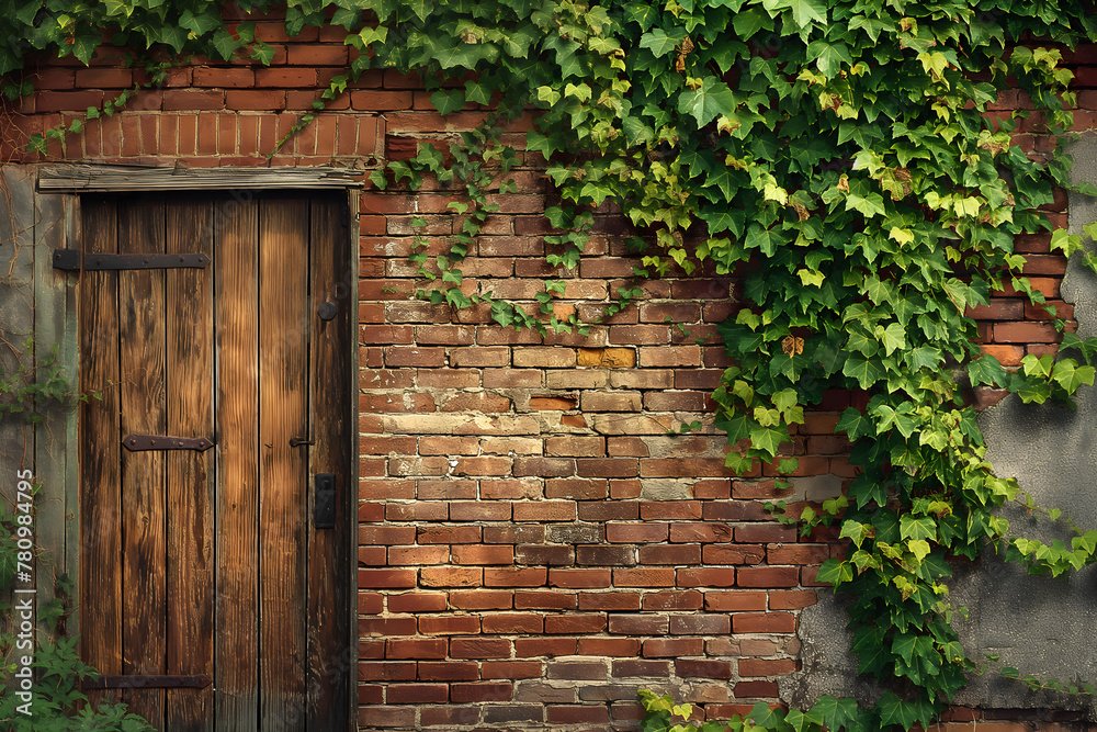 A weathered brick wall with overgrown ivy and a rustic wooden door, evoking a sense of history and nature reclaiming human structures A weathered brick wall with overgrown ivy and a rustic wooden door, evoking a sense of history and nature reclaiming human structures