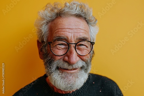Portrait of a senior man with grey beard and glasses on yellow background