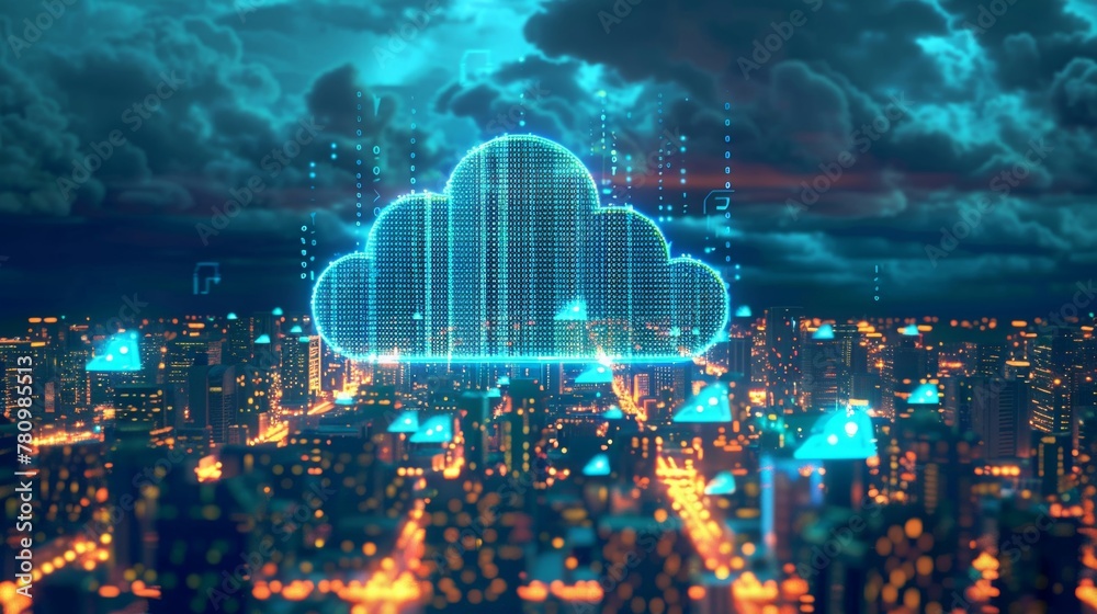 Cloud computing for healthcare data management imagined as cloud cities where data flows freely and securely over city - obrazy, fototapety, plakaty 