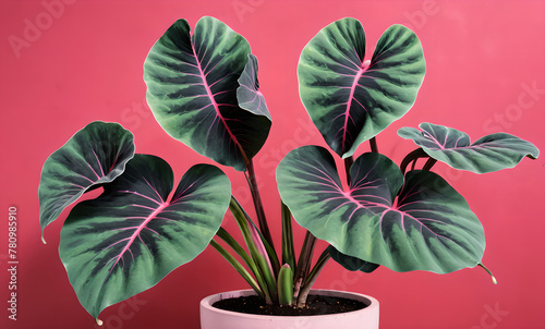 elephant ear potted plant with heart-shaped  black leaves that feature bright pink centers and broad  pink veining. Painterly  photo realistic