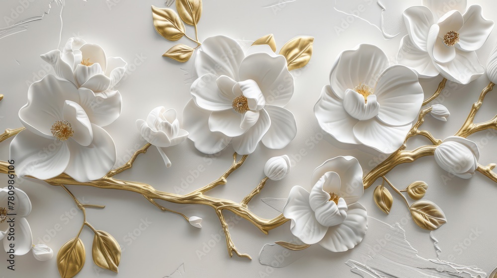 Obraz premium Elegant 3D Rendered White Flowers and Golden Branches