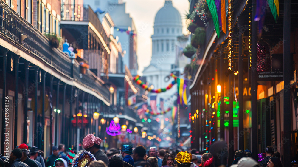 Bourbon Street energy with Costumed crowds and decorated balconies burst with celebratory spirit, showcasing the heart of New Orleans festivities.