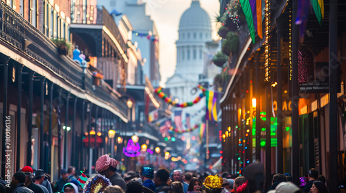 Bourbon Street energy with Costumed crowds and decorated balconies burst with celebratory spirit  showcasing the heart of New Orleans festivities.