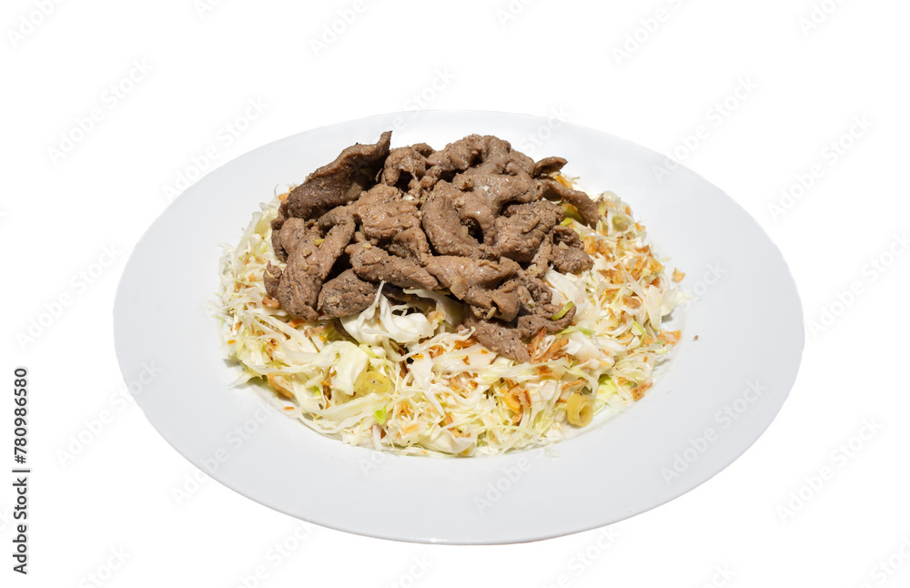Bo bap thau or beef salad. A Vietnamese dish. Shredded cabbage is mixed with lime juice and spicy fish sauce. Beef is marinated with chopped shallots and lemongrass before being stir-fried. Mix both Bo bap thau or beef salad. A Vietnamese dish. Shredded cabbage is mixed with lime juice and spicy fish sauce. Beef is marinated with chopped shallots and lemongrass before being stir-fried. Mix both