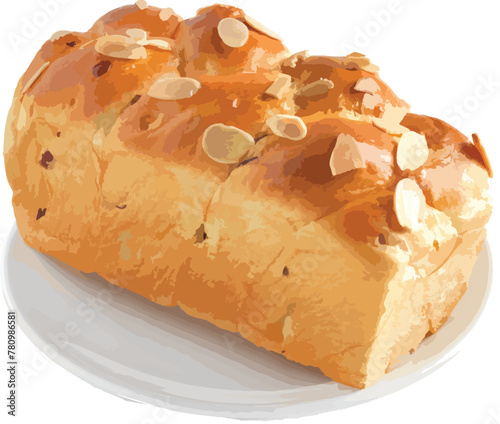 Brioche loaf bread with sliced almond. There are photo and vector versions for design idea. Unlike American styles, French bread is delicious and softer. The bread has a bouncy, spongy texture.