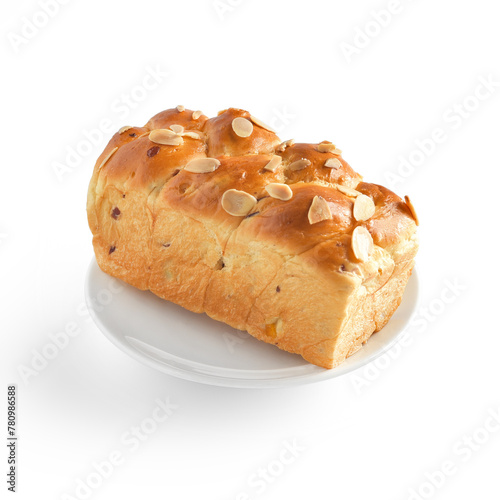 Brioche loaf bread with sliced almond. There are photo and vector versions for design idea. Unlike American styles, French bread is delicious and softer. The bread has a bouncy, spongy texture.