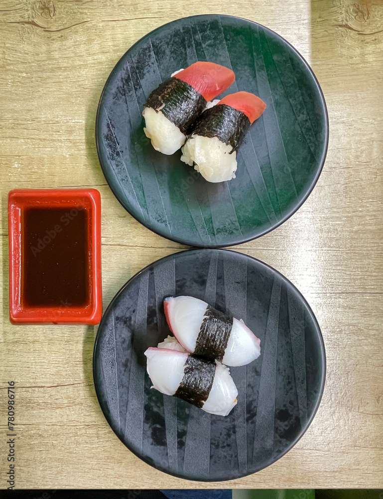 Set of sushi red clam, octopus. Normally menu at restaurant will show