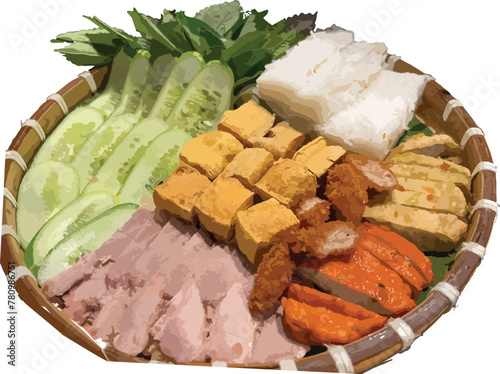 Bun dau mam tom or Vermicelli with shrimp paste. A traditional Northern Vietnamese dish. It has distinct smells that only locals can enjoy. It is a combination plate with cooked pork ribs, fried tofu,