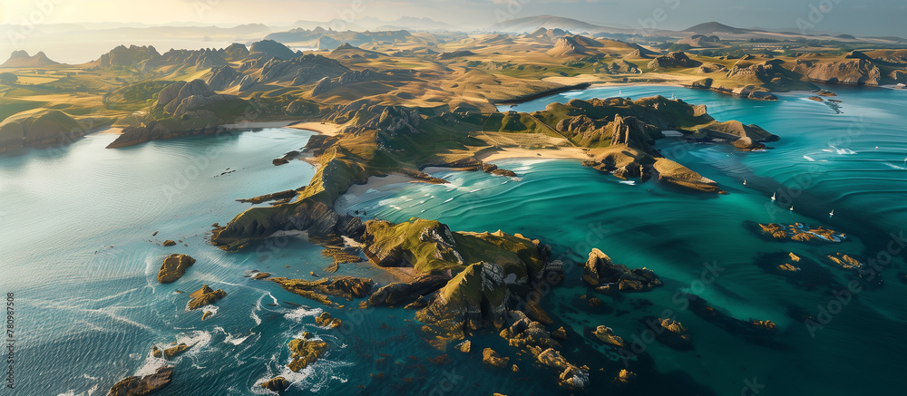 An aerial shot captures the stunning coastal landscape bathed in the warm light of the sunset, highlighting the contrast between land and sea.