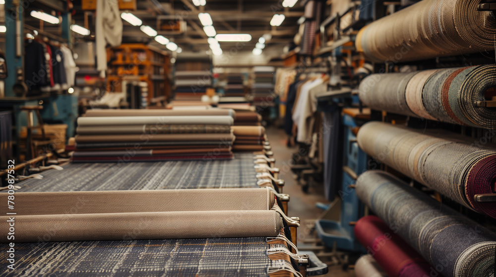 Interior view of a textile factory store with rows of colorful fabric rolls on display, highlighting variety and industrial fabric production.