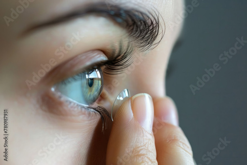 How to insert contact lenses. Woman apply lens to eye close up