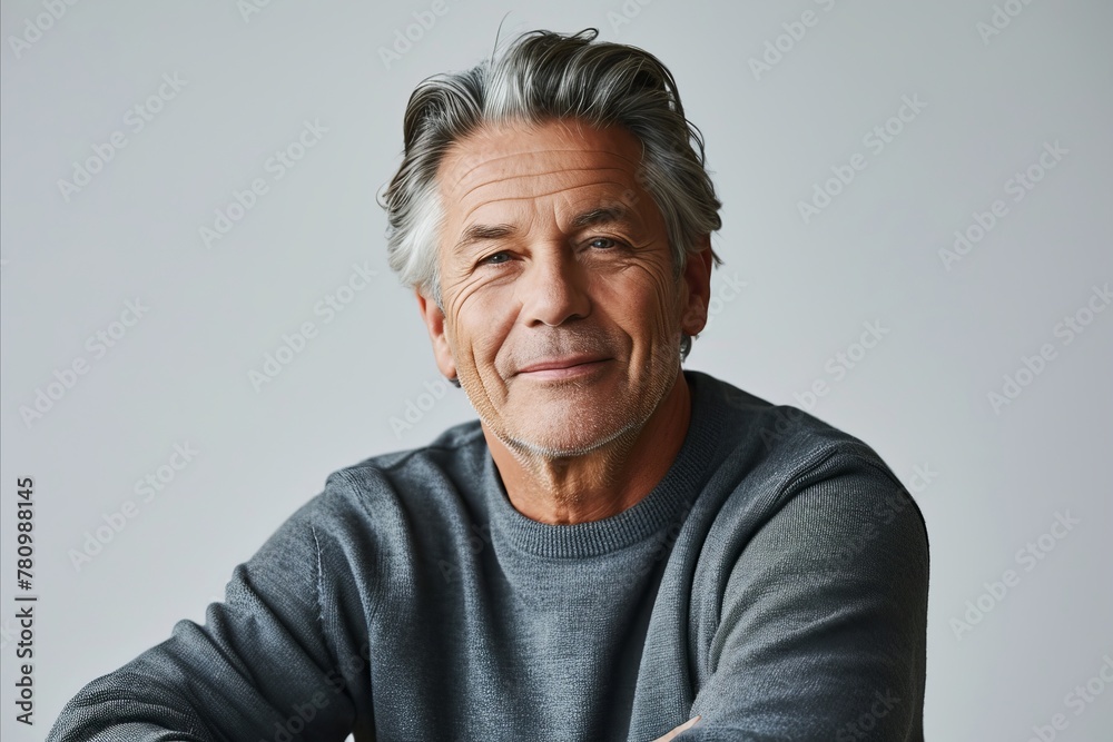 Portrait of handsome senior man looking at camera with smile while standing against grey background Portrait of handsome senior man looking at camera with smile while standing against grey background
