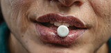 Harmful pill in mouth. Drug addiction.