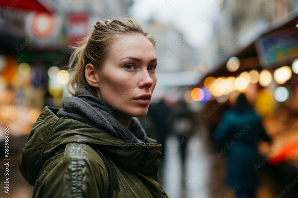 Young woman with blond hair in Paris, France looking at camera.