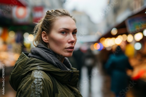 Young woman with blond hair in Paris, France looking at camera.