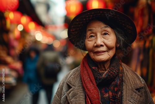 Portrait of an elderly Asian woman in a hat and scarf on the street.