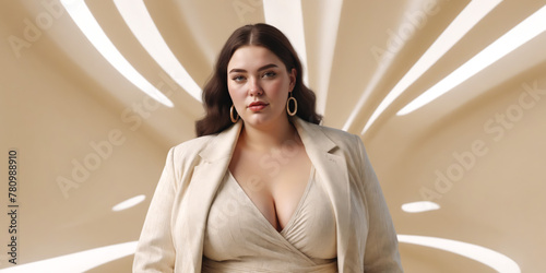 Ai generated portrait of a beautiful voluptuous woman in a minimal beige environment, wearing a suit  photo