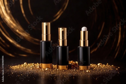 Product packaging mockup photo of Serum or cosmetics with a simple  elegant design  black and gold tones  with cyclones  hurricanes  and hail   studio advertising photoshoot