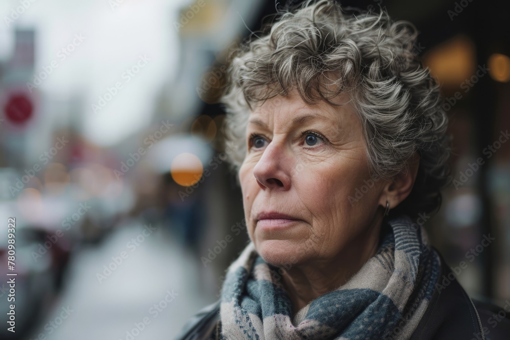 Portrait of senior woman with scarf in the city. Selective focus. Portrait of senior woman with scarf in the city. Selective focus.