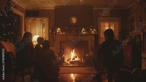In the dimly lit room a family gathers around the fireplace backs to the camera engrossed in storytelling and bonding over the . .