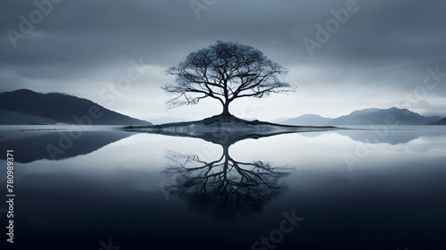 Digital blue water tree reflectionr scene abstract graphic poster web page PPT background photo