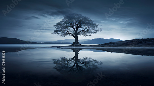 Digital blue water tree reflectionr scene abstract graphic poster web page PPT background © yonshan